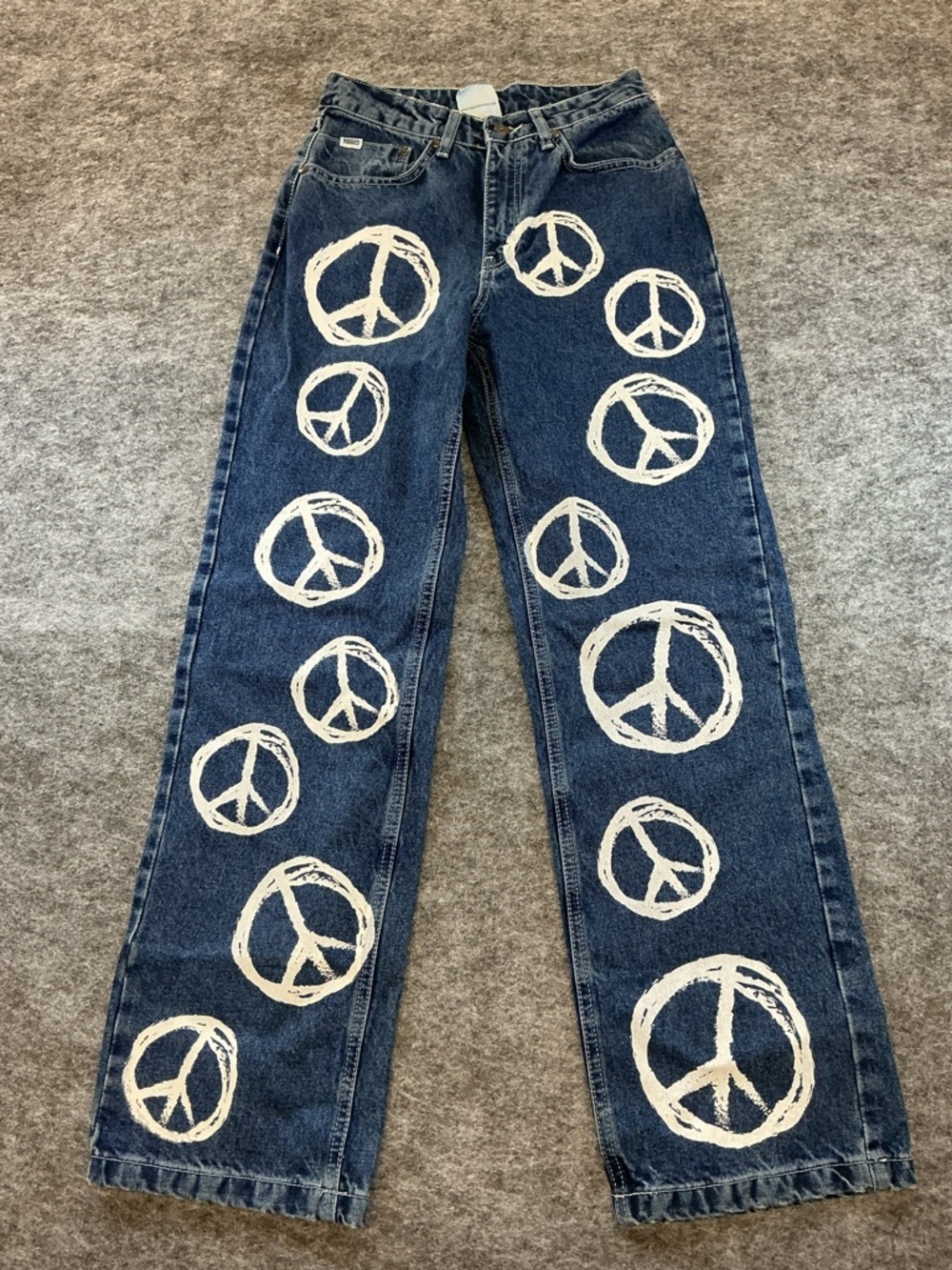 Ragged Jeans Blue High Waisted Straight Leg White Peace Sign Print A24